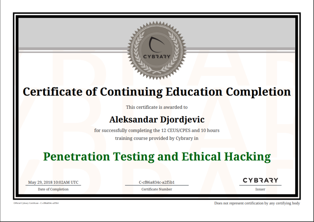 Cybrary Penetration Testing and Ethical Hacking obuka – Aleksandar Djordjevic