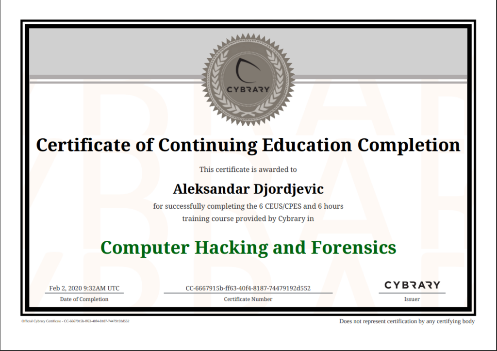 Cybrary Computer Hacking and Forensics obuka – Aleksandar Djordjevic
