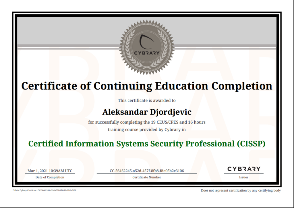 Cybrary CISSP obuka iz sajber bezbednosti – Aleksandar Djordjevicd